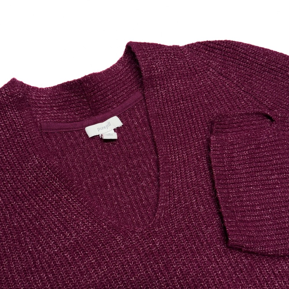 Pure Jill Knit Sweater Medium Petite Burgundy V-Neck Tunic Raglan Slit